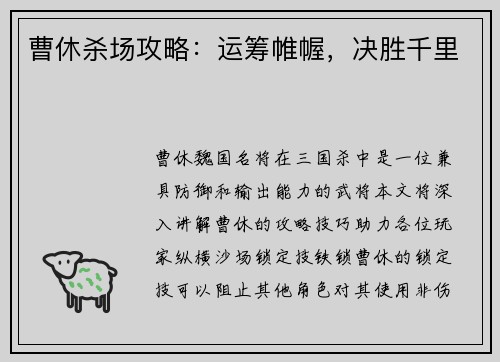 曹休杀场攻略：运筹帷幄，决胜千里