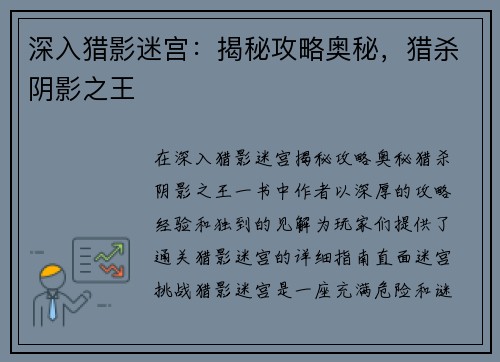 深入猎影迷宫：揭秘攻略奥秘，猎杀阴影之王